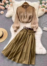 Two-Piece Cottagecore Shirt Vintage Victorian Skirt S / Tan